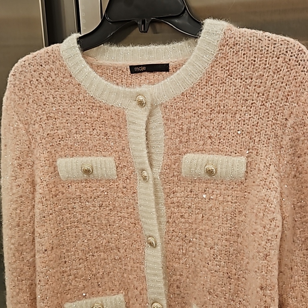 💕MAJE💕 Mission Sequin Embellished Stretch Knit Cardigan ~ Pale Pink - Picture 14 of 16